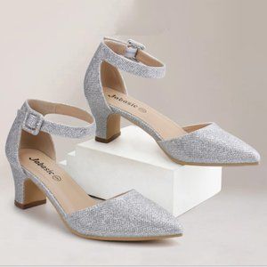 JABASIC Women Pointed Toe Low Chunky Heels Ankle Strap Size 8 Silver